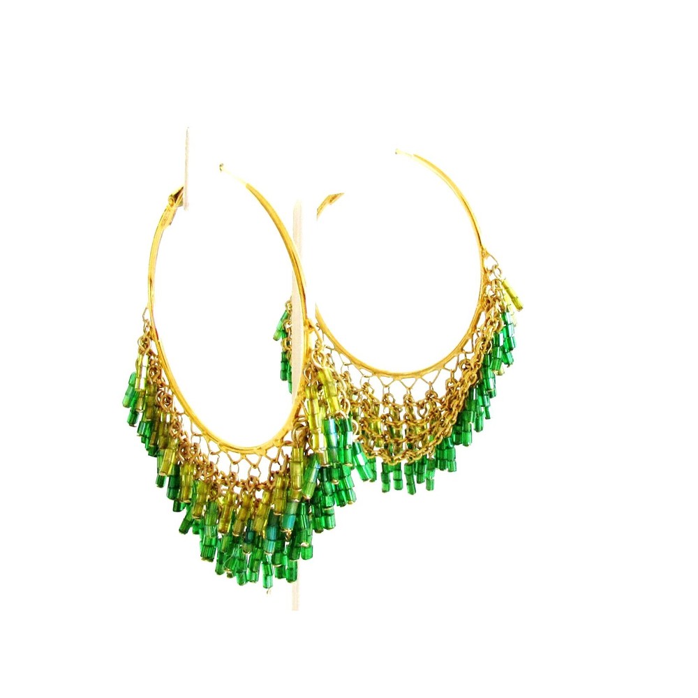 Women's Earrings Designer Green Beads on Gold Tone Med Size Hoops Pierce